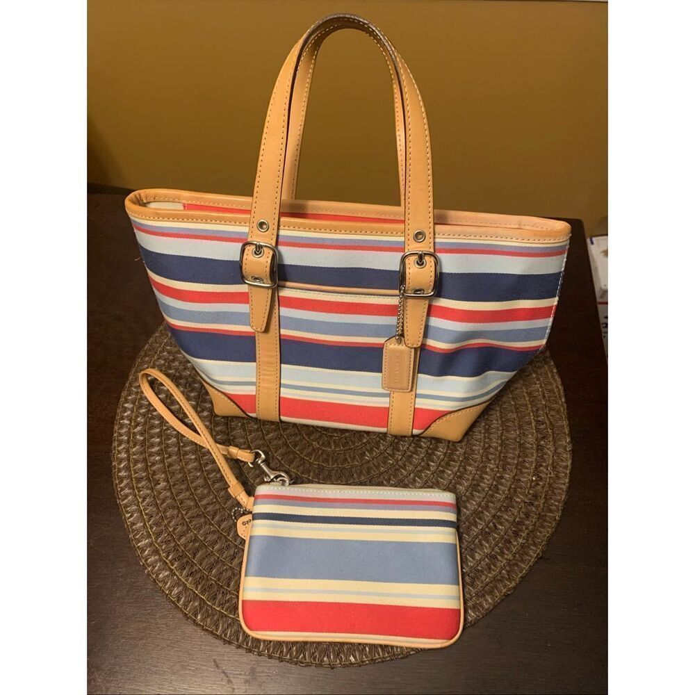 Vintage Coach Hampton Spring Summer Stripe Canvas Small Tote and Wristlet,  7744